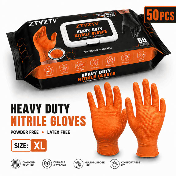 50 PCS Heavy Duty Nitrile Gloves, PowderFree LatexFree Disposable Work Gloves, Diamond Textured, MultiPurpose for Industrial, Auto Repair, Household, Plumbing, Garden, Food Prep, Orange, XL