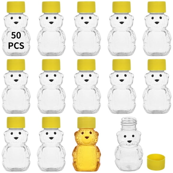 50 PCS 2 oz Honey Bear Bottles, Clear Plastic Bear Jars with Yellow Lids, Airtight Reusable Mini Containers for Party Favors, Honey, Gifts