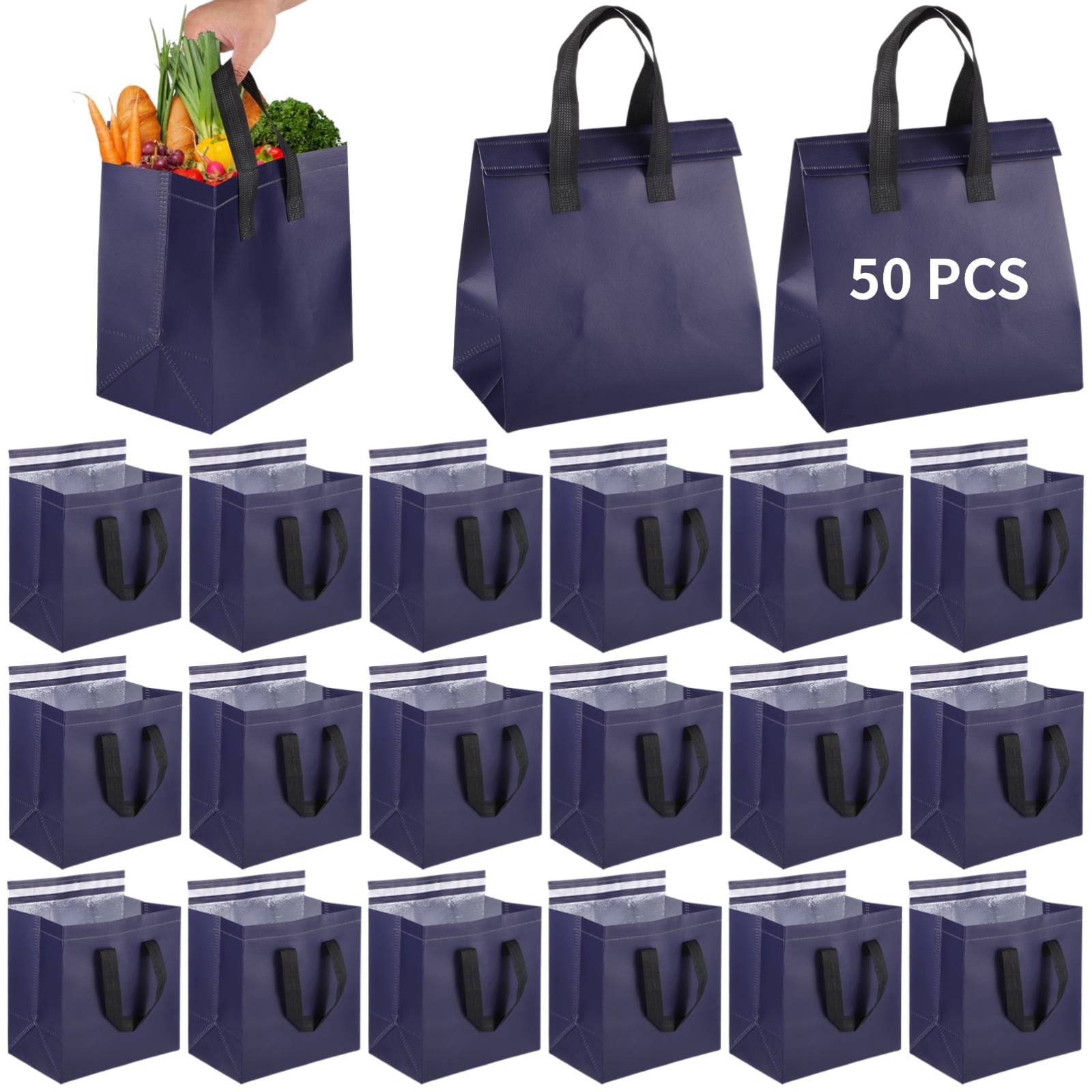 50 Pack Large Insulated Cooler Bags – Thermal Tote with Aluminum Foil Lining, Waterproof Portable Grocery Bags with Adhesive Closure for Picnics, Camping, Lunch & Delivery