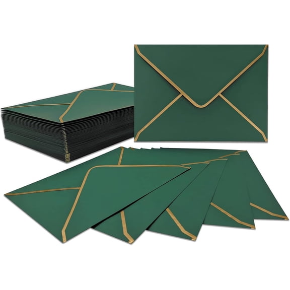 50 PCS A7 Green Invitation Envelopes, 5 x 7 inch V-Flap Quick Seal Envelopes with Gold Border for Weddings, Birthdays, Graduations & Greeting Cards