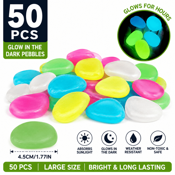 50 PCS Large Glow in The Dark Pebbles, 1.77 Inch Luminous Garden Stones, Glow Rocks for Walkway, Patio, Yard, Fish Tank, Outdoor Decor