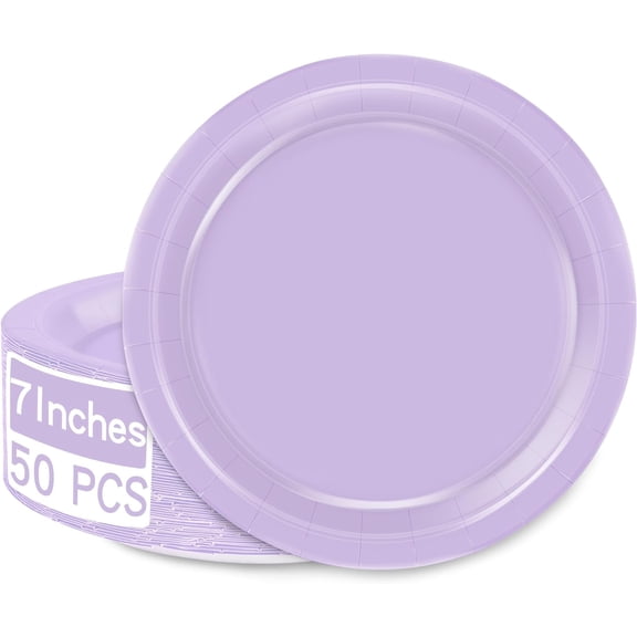 50 PCS Lavender 7 Inch Disposable Paper Plates, Strong Sturdy Small Round Plates for Parties, Bridal Showers, Graduations, Picnics, BBQs, and Everyday Use