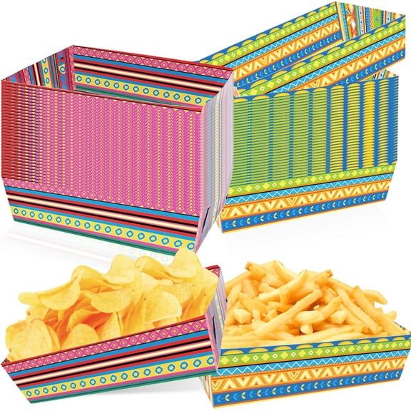 50 PCS Mexican Fiesta Food Trays - 2 Designs Fiesta Party Decorations, Disposable Paper Food Boats for Tacos - Cinco de Mayo Party Supplies