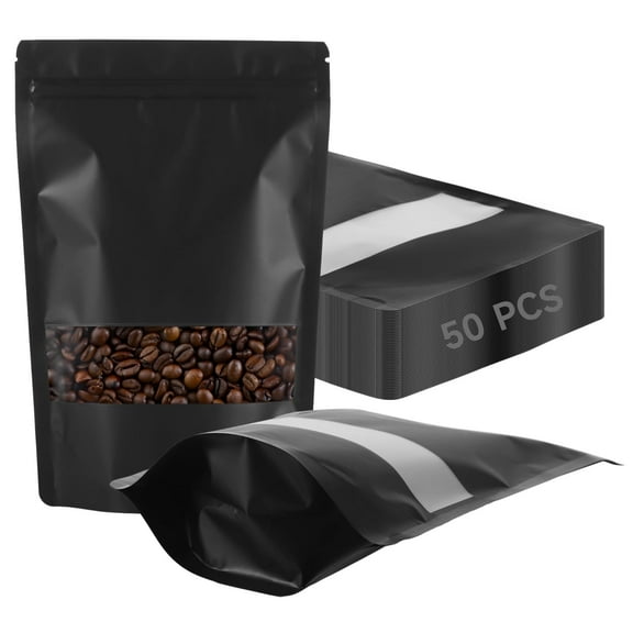 50 Pcs Resealable Mylar Food Storage Bags,Black Smell Proof Foil Sealable Bags, 9x6 Inch Bag with Window for Packaging, Reusable Stand-up Self Pouches for Coffee,Party Favors,Cookies