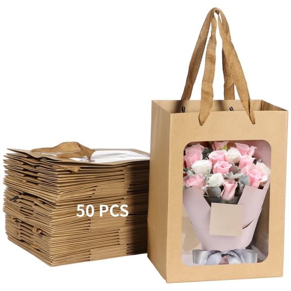 50 PCS Paper Gift Bags with Transparent Window, Brown Paper Gift Bags, 7.1 x 5.1 x 9.8 Inches Kraft Shopping Bags with Handles for Present Festivals Party