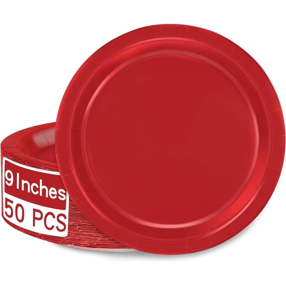 50 PCS Paper Plates, Red Heavy Duty Party Plates, Round 9 Inches Disposable Paper Dinner Plates, Everyday Use Plates Set for Daily Meals Wedding Christmas Picnic Supplies