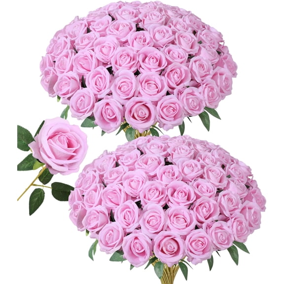50 PCS Pink Roses Artificial Flowers, Fake Roses Stem Realistic Silk Roses for DIY Wedding Bouquets Table Centerpieces Arrangements Baby Shower Birthday Home Decor Valentine's Day Gift for Her Y101