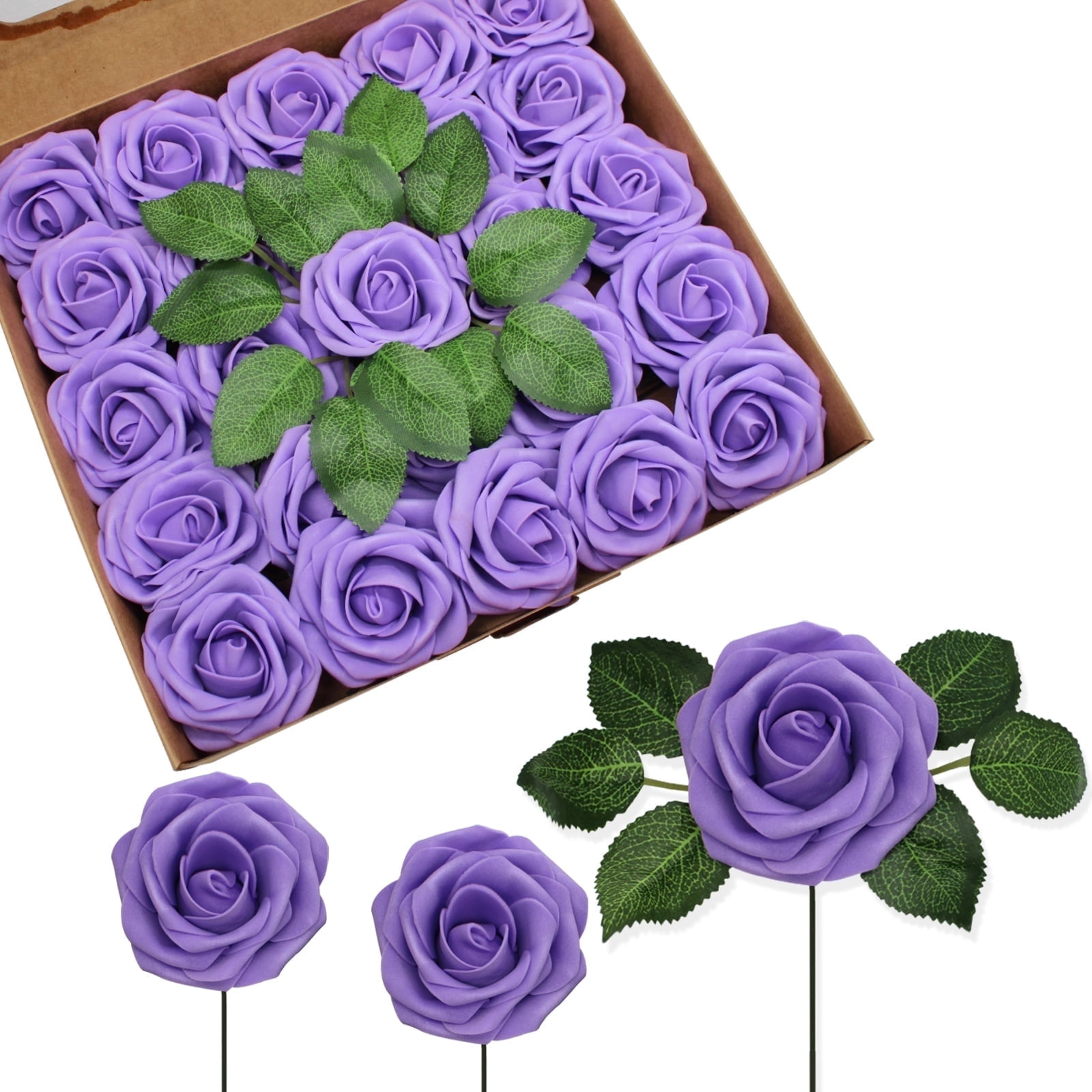 Fake Purple Roses 50 PCS Purple Artificial Flowers Real Looking Faux Foam Fake Roses with ...