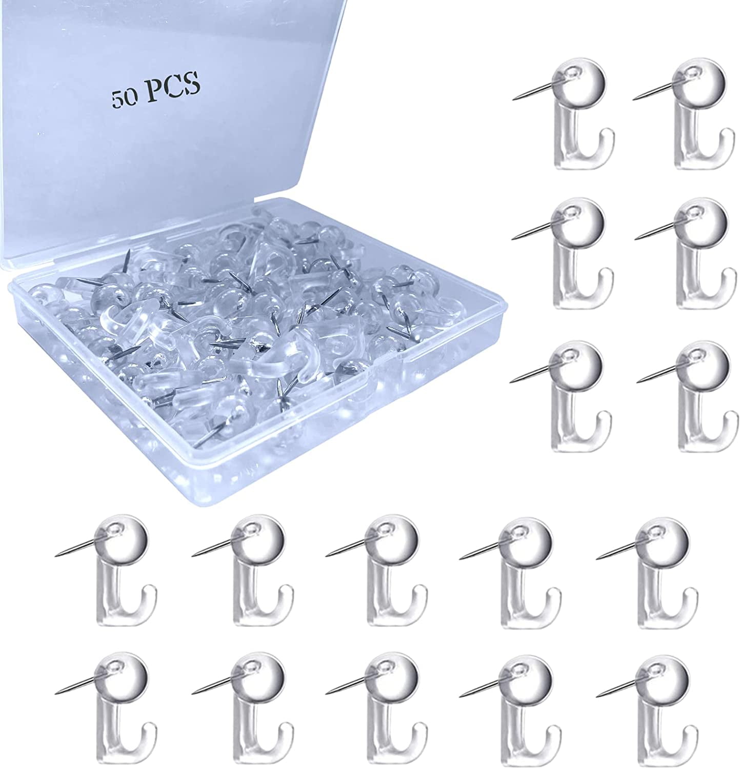 50 PCS Push Pin Hooks Plastic Heads Cork Board HooksThumb Tacks Hook for Photo Wall Bulletin Board Home Wall Home Office School Supplies Clear
