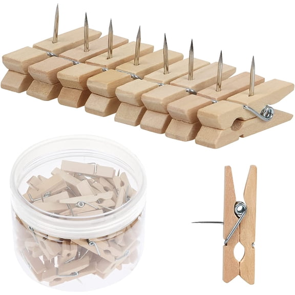 50 PCS Push Pin with Wooden Clips, Durable Wooden Push Pins, Decorative Pushpins Tacks Thumbtacks, Tacks for Cork Board Artworks Notes Photos, Craft Projects, Offices and Homes (Burlywood)