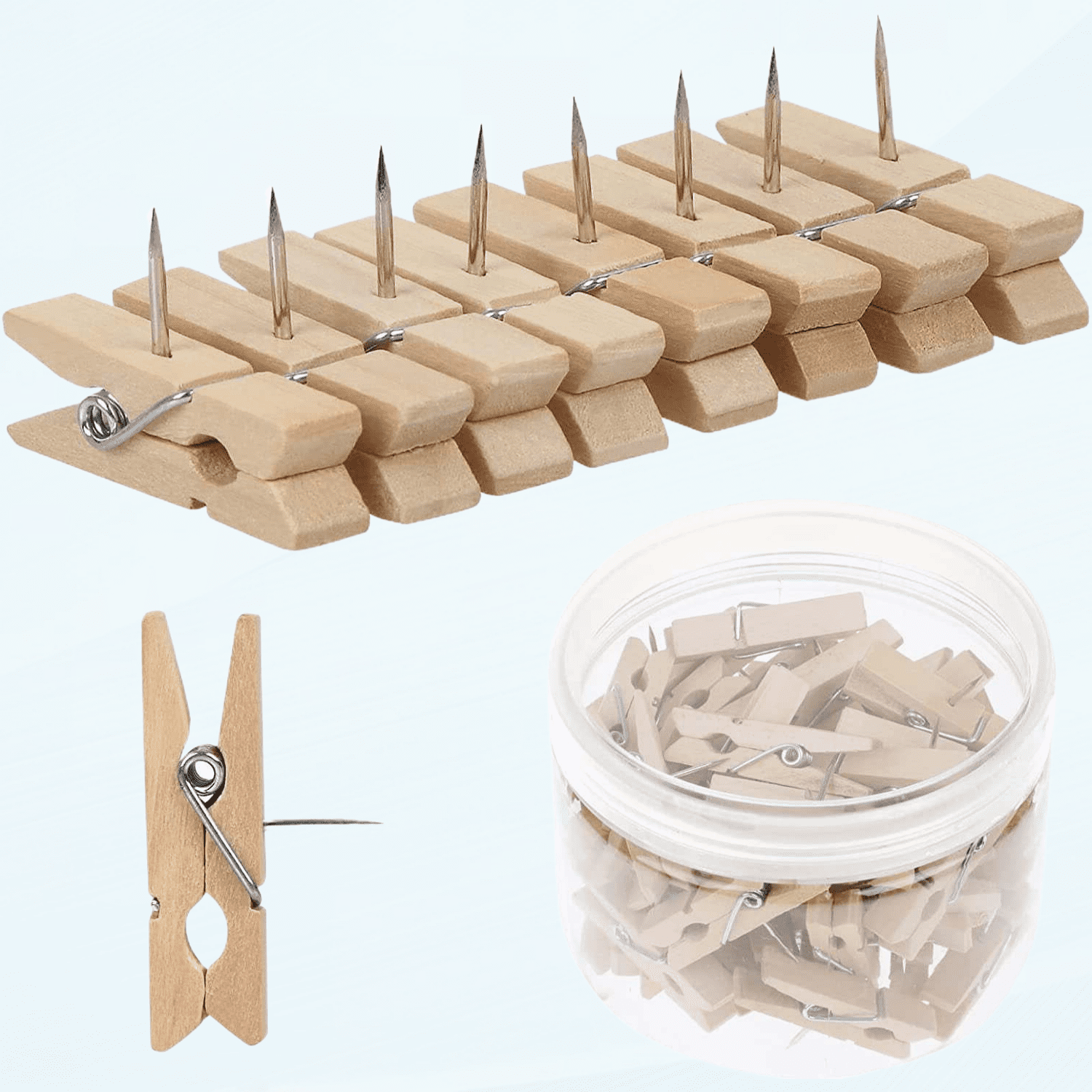 50 PCS Push Pin with Wooden Clips, Durable Wooden Push Pins,Pushpins ...