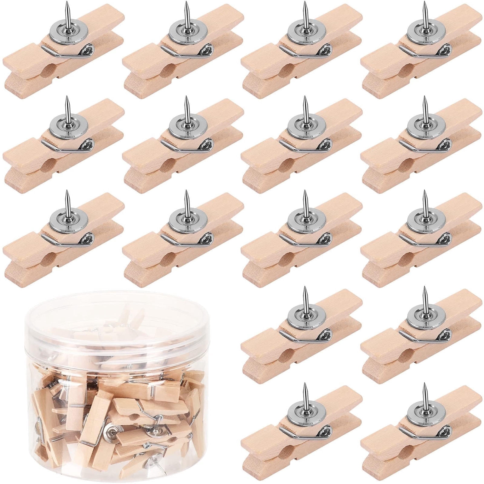 50 PCS Push Pin with Wooden Clips, Push Pin Clips for Cork Board ...