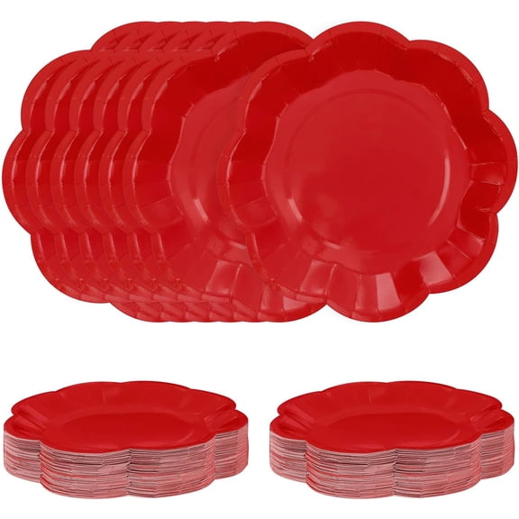 50 PCS Red Paper Plates 9 Inch Scalloped Dessert Plates Red Disposable Plate for Party Dinner Wedding Baby Shower Birthday Cake Plate