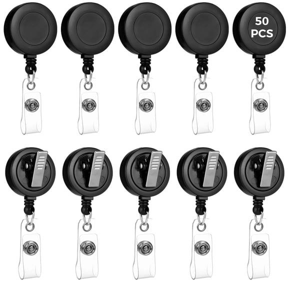 50 PCS Retractable Badge Holder Reels, Badge Reel with 360° Swivel Clip, ID Card Badge Holders with Alligator Clips, Name Tag Badge Clips with 23.6 Inches Adjustable Cord for Office Workers, Black