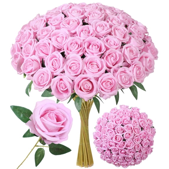 Two Roses With Stem 50 PCS Roses Artificial Flowers with Long Stems Fake Roses, Silk ...