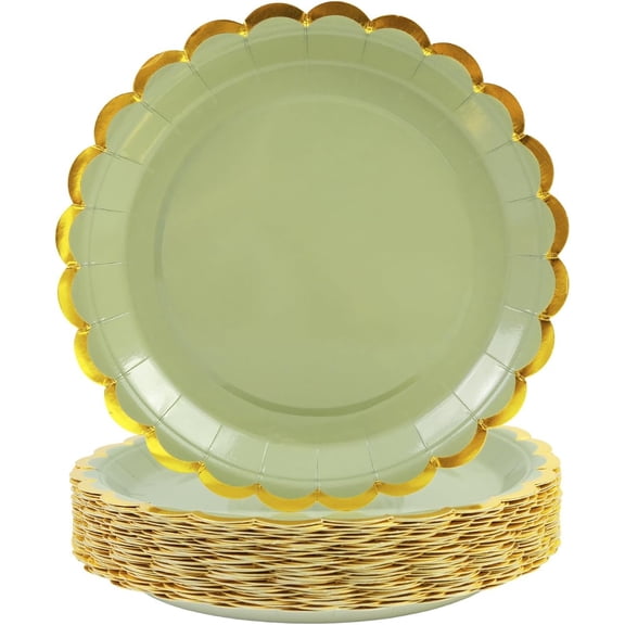 50 PCS Sage Green Paper Plates 7 inch, Scalloped Paper Plates with Gold Foil Disposable Cake Dessert Plate Party Supplies for Birthday Baby Shower Weddings Decorations