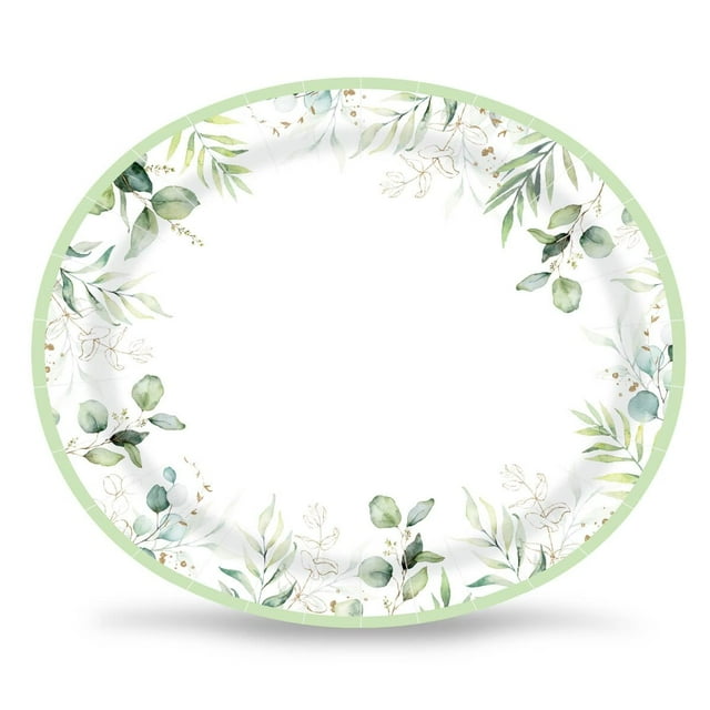 50 PCS Sage Greenery Oval Paper Plates Large 10'' x 12'' Disposable