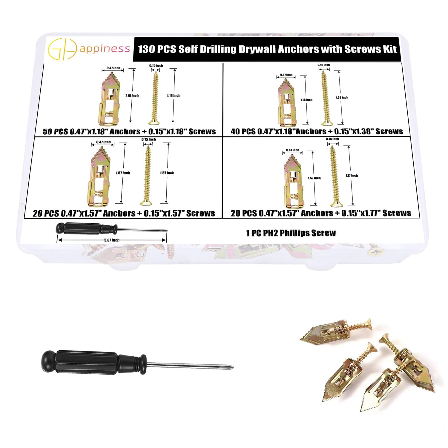 50 PCS Self Drilling Drywall Anchors with Screws Kit, Anchors and Screws Kit, No Drill Or Holes in Wall Drywall Anchors(0.47x1.18'' Self Drilling Anchors and 0.15 x1.18'' Screws)