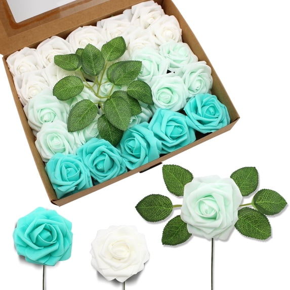 50 PCS Shades of Green Artificial Flowers Real Looking Faux Foam Fake Roses with Stems for Wedding Decoration Bridal Shower Centerpieces Arrangements Party Tables Decor