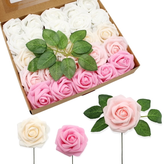 50 PCS Shades of Pink Artificial Flowers Real Looking Faux Foam Fake Roses with Stems for Wedding Decoration Bridal Shower Centerpieces Arrangements Party Tables Decor