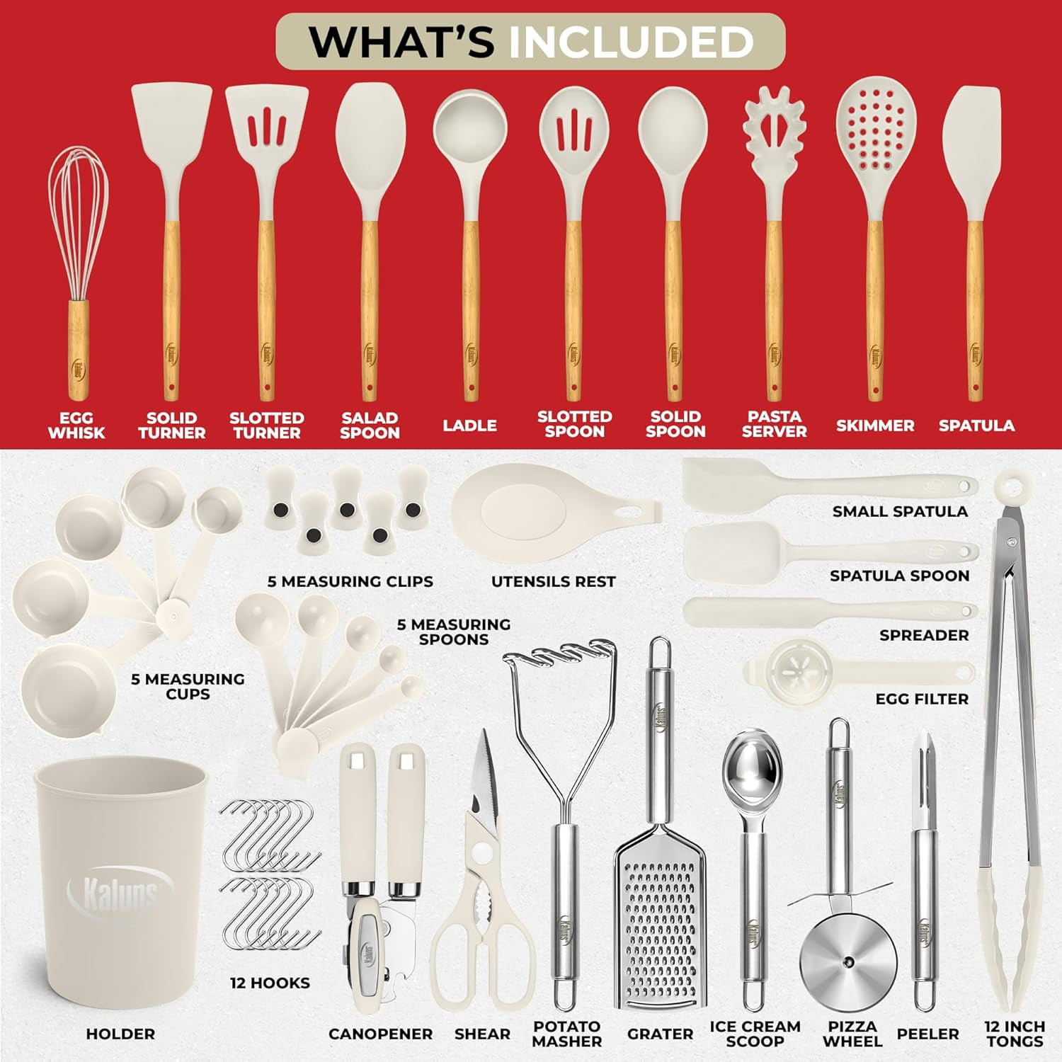 50 PCS Silicone Kitchen Utensils Set with Wooden Handles - Heat Resistant Non-Stick Cooking Tools for Nonstick Pans