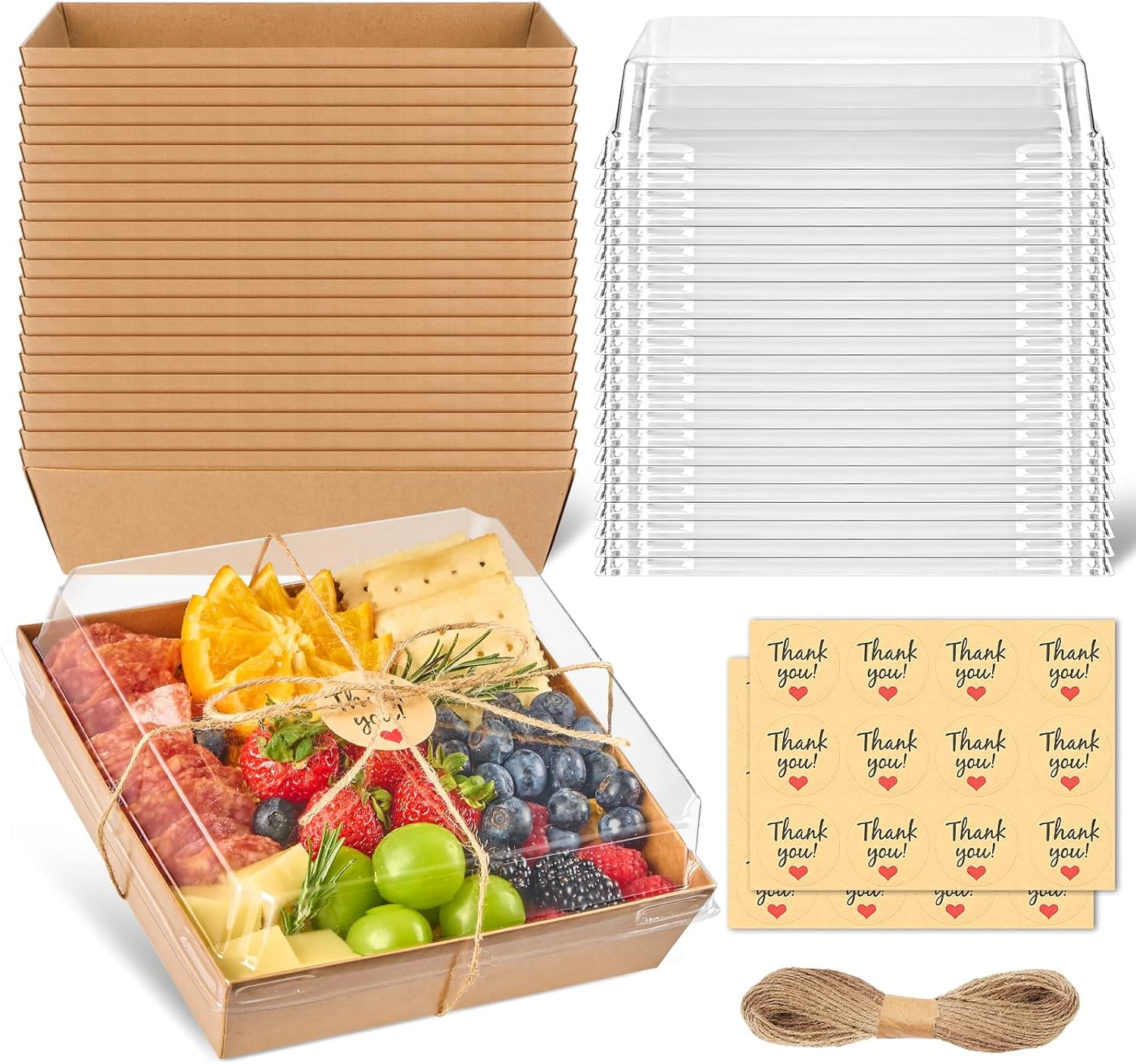 Aazon.co: 50 Pack Large Paper Charcuterie Boxes With Clear Lids, Brown Disposable Food