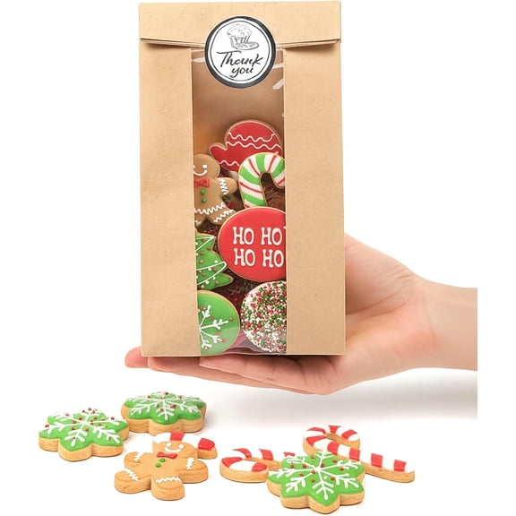 50 PCS Small Cookie Bags with Seal, 3.5"x 2.3"x7.5" Kraft Brown Paper Bags with Stickers, Bakery Bag for Snack, Cupcake, Coffee Bean, Party Favor, Cookie Packaging