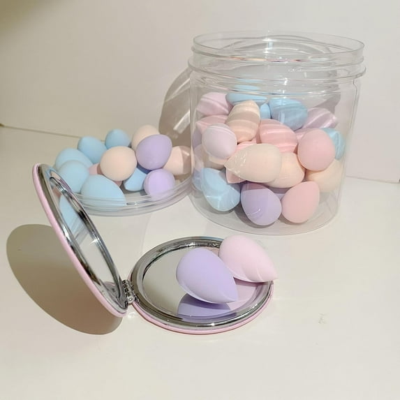 50 PCS Small Mini Makeup Sponges and Powder Puff with Makeup Mirror, Multi Colored Beauty Blender Makeup Sponge Facial Makeup Tools (Makeup Sponge egg)