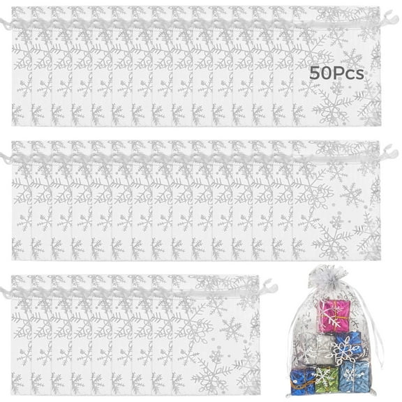 50 PCS Snowflake Organza Bags, 11.8 x 7.9 Inches Drawstring White Organza Bag, Mesh Candy Treat Bag, Present Bags, Silver Stamped Transparent Sacks, Multipurpose Pouch for Weddings and Parties