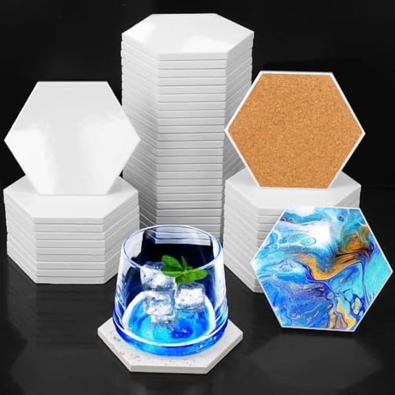 50 PCS Sublimation Hexagon Ceramic Coasters with Cork Backing Pads, 3.75 Inch Glazed Hexagon Coaster Tiles for Drinks, DIY Crafts Home Kitchen Decor.