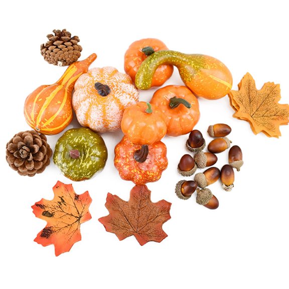 50 PCS Thanksgiving Artificial Pumpkins and Gourds Set, 6 PCS Fake Pumpkins, 12 PCS Pinecones and Acorns, 2 Gourds, 30 PCS Fake Maple Leaves Fall Wedding Tables Centerpieces