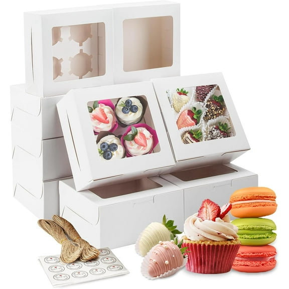 50 PCS White Cookie Boxes with Window, 6x6x3 Inch Cupcake Boxes, Bakery Containers for Pastry, Dessert, Chocolate Strawberries, Treat Boxes with Stickers & Jute Twine