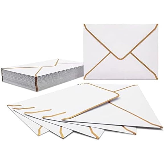 50 PCS White Envelopes 5x7 Invitation Envelopes A7 Size V-Flap Mailing Card Envelopes Quick Seal Envelopes with Gold Border for 5x7 Cards, Birthday, Weddings, Graduations, Greeting Cards