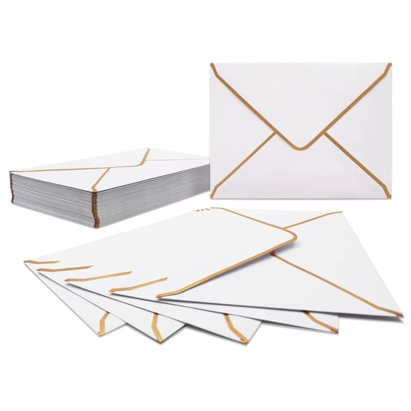 50 PCS A7 White Invitation Envelopes, 5 x 7 inch V-Flap Quick Seal Envelopes with Gold Border for Weddings, Birthdays, Graduations & Greeting Cards