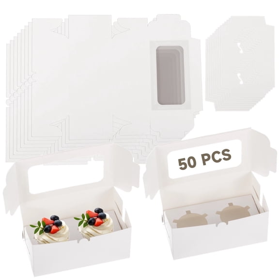 50 Pcs 2-Cavity Cupcake Boxes with Window, White Pastry Boxes Bulk for Bakery, Cupcake Containers with Clear Lid for Gifting, Birthday Party, Wedding & Dessert Packaging