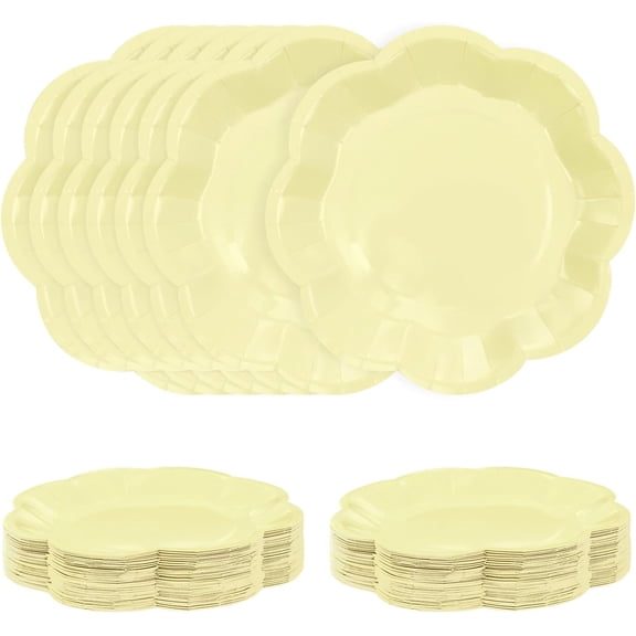 50 PCS Yellow Paper Plates 7 Inch Scalloped Dessert Plates Yellow Disposable Plate for Party Dinner Wedding Baby Shower Birthday Cake Plate