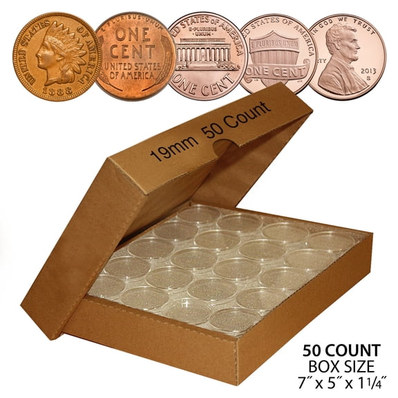 50 PENNY Direct-Fit Airtight 19mm Coin Capsule Holder PENNIES (QTY: 50) with BOX