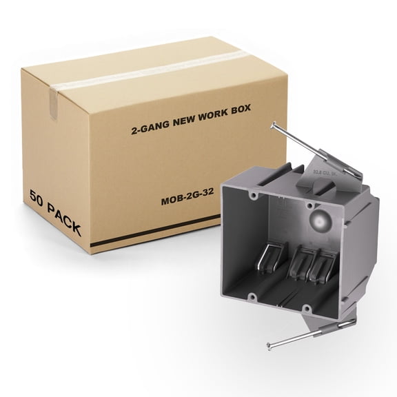 50 PK New Work Electrical Nail Outlet Box 2-Gang PVC, 32 Cubic Inch Switch Box, ETL Listed to UL514C and UL263, 2 Hour Fire Rating New Work Box, Gray