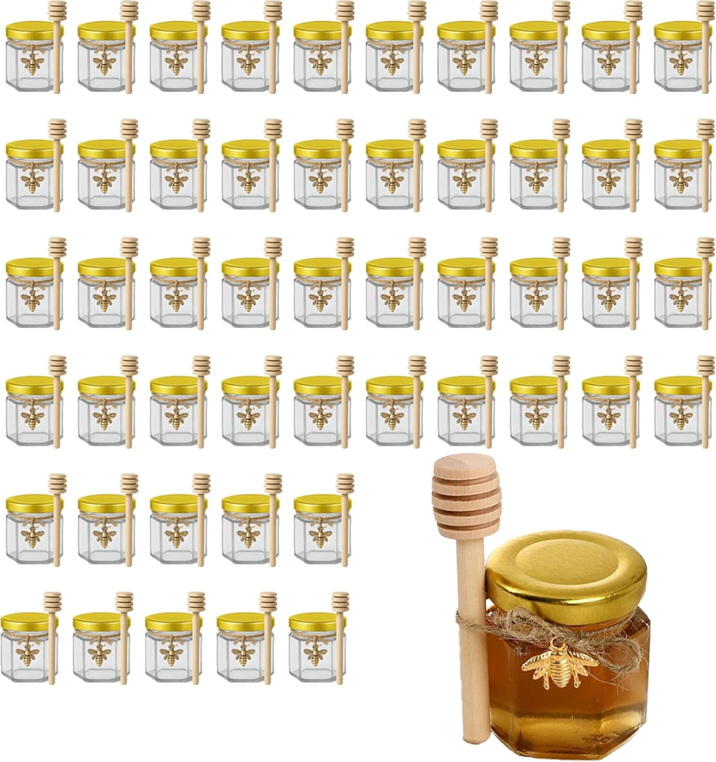 50 Pack 1.5 oz Hexagonal Glass Honey Jars in Bulk with Wooden Dipper ...