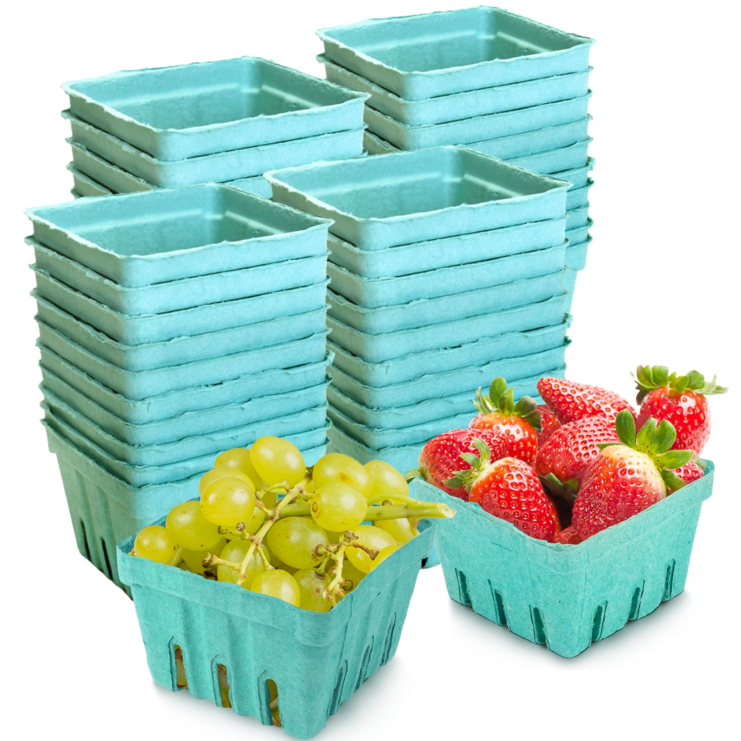 [50 Pack] 1 Pint Green Molded Pulp Fiber Berry Basket Produce Vented