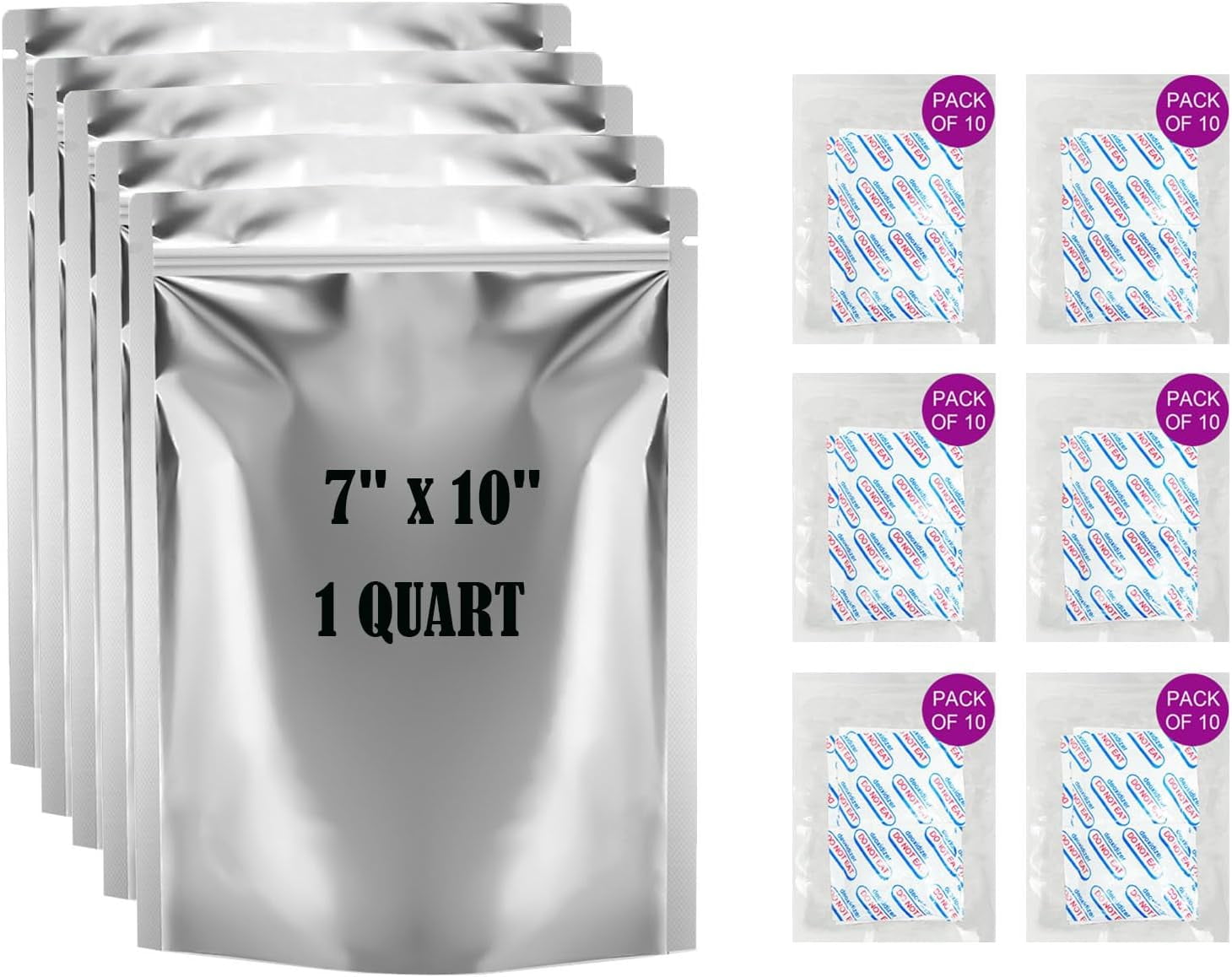 50 Pack 1 QUART Mylar bags for Food Storage With 60 Pack 300cc Oxygen