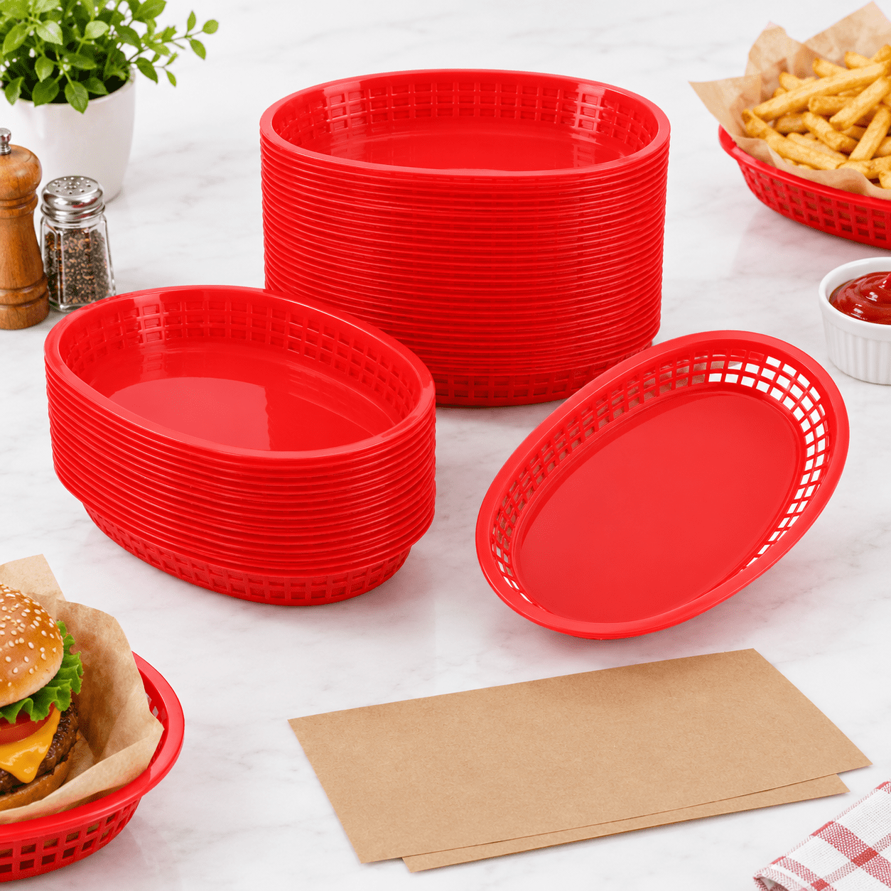 Ruby Sandwitch 50 Pack 10.6 x 6.7 Inch Red Plastic Serving Trays For Fries Sandwiches ...