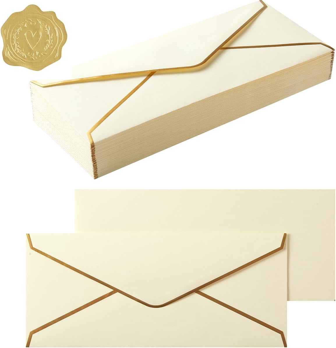 50 Pack #10 Business Envelopes with Gold Border, Self Seal Standard Envelopes with Gold Stickers for Office, Checks, Letter Mailing, Invoices, 4 1/8 x 9 1/2 Inches (Cream Color)