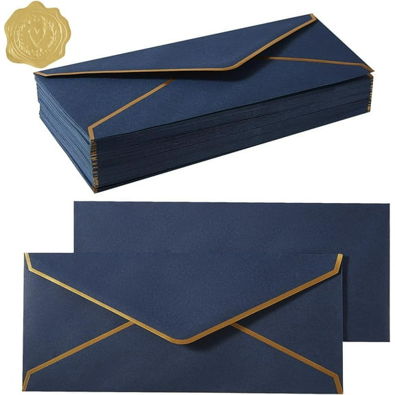 50 Pack #10 Business Envelopes with Gold Border, Self Seal Standard Envelopes with Gold Stickers for Office, Checks, Letter Mailing, Invoices, 4 1/8 x 9 1/2 Inches (Navy Blue)