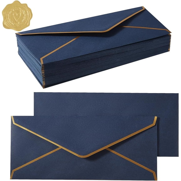 50 Pack #10 Business Envelopes, Navy Blue, 4 1/8 x 9 1/2 Inches | Gold Border, Self Seal Standard Envelopes Gold Stickers Included, For Office, Checks, Letter Mailing, Invoices