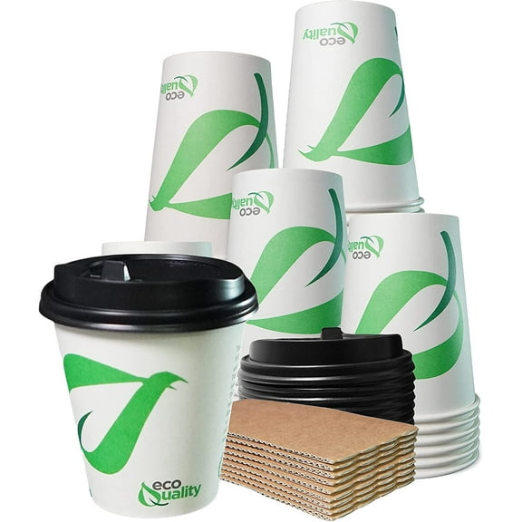 [50 Pack] 10 oz Compostable Paper Cups with Black Dome Lids and Sleeves - Biodegradable Disposable White Paper Coffee Cups PLA Lined - Eco-friendly Hot and Cold Drinking Cups