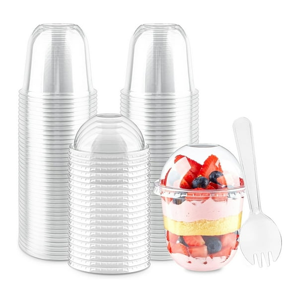50 Pack 10oz Plastic Dessert Cups with Spoons Dome Lids(Hole in the Lid), PET Dessert Cups,Disposable Snack Bowls for Ice Cream,Cake,Fruit,Parfait, Pudding and Jello Shot