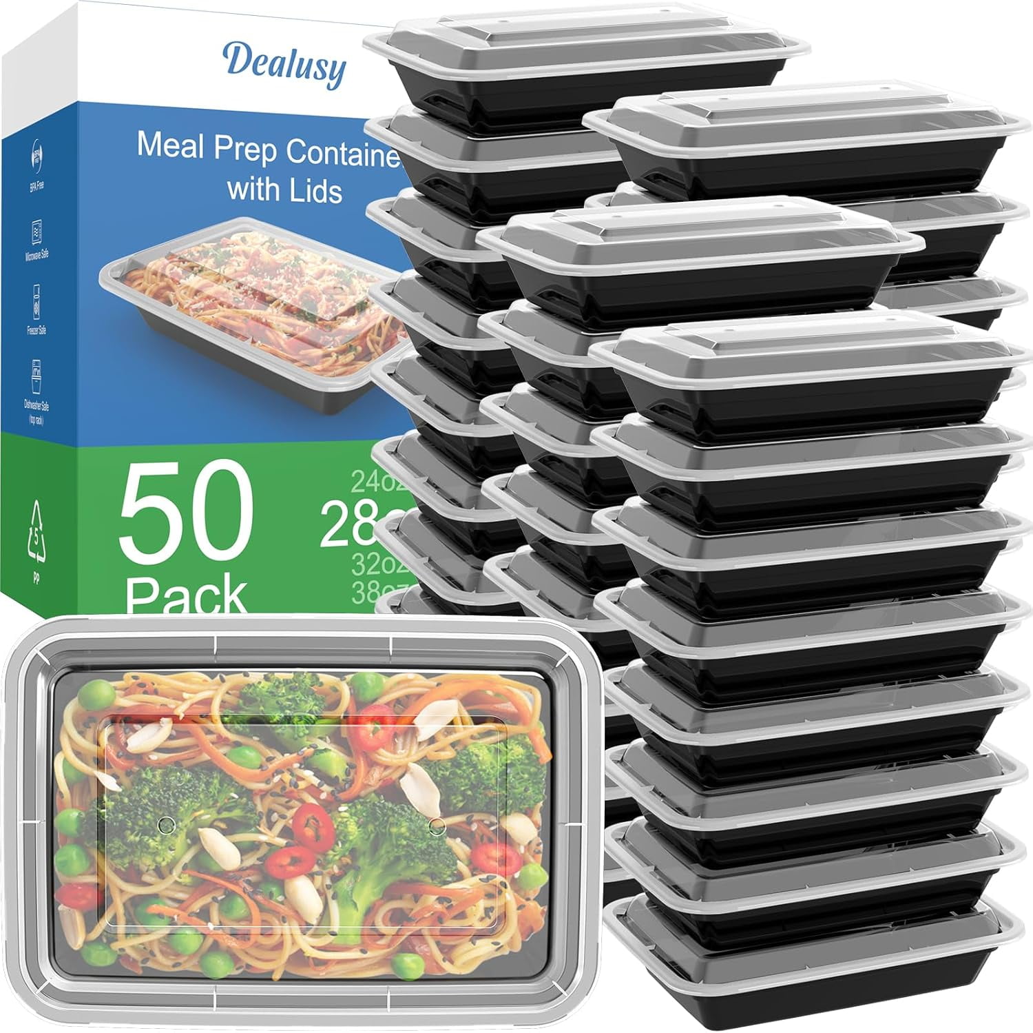 50 Pack (100-Piece) 24 oz Meal Prep Containers Reusable with Lids ...
