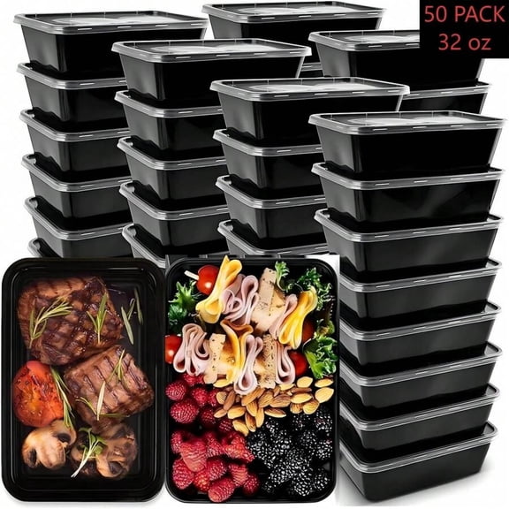 50-Pack (100-Piece) 32 Oz Black Meal Prep Containers with Easy-Open Lids - Reusable Leakproof Plastic Food Storage, Microwave Freezer Dishwasher Safe for Takeout & To-Go