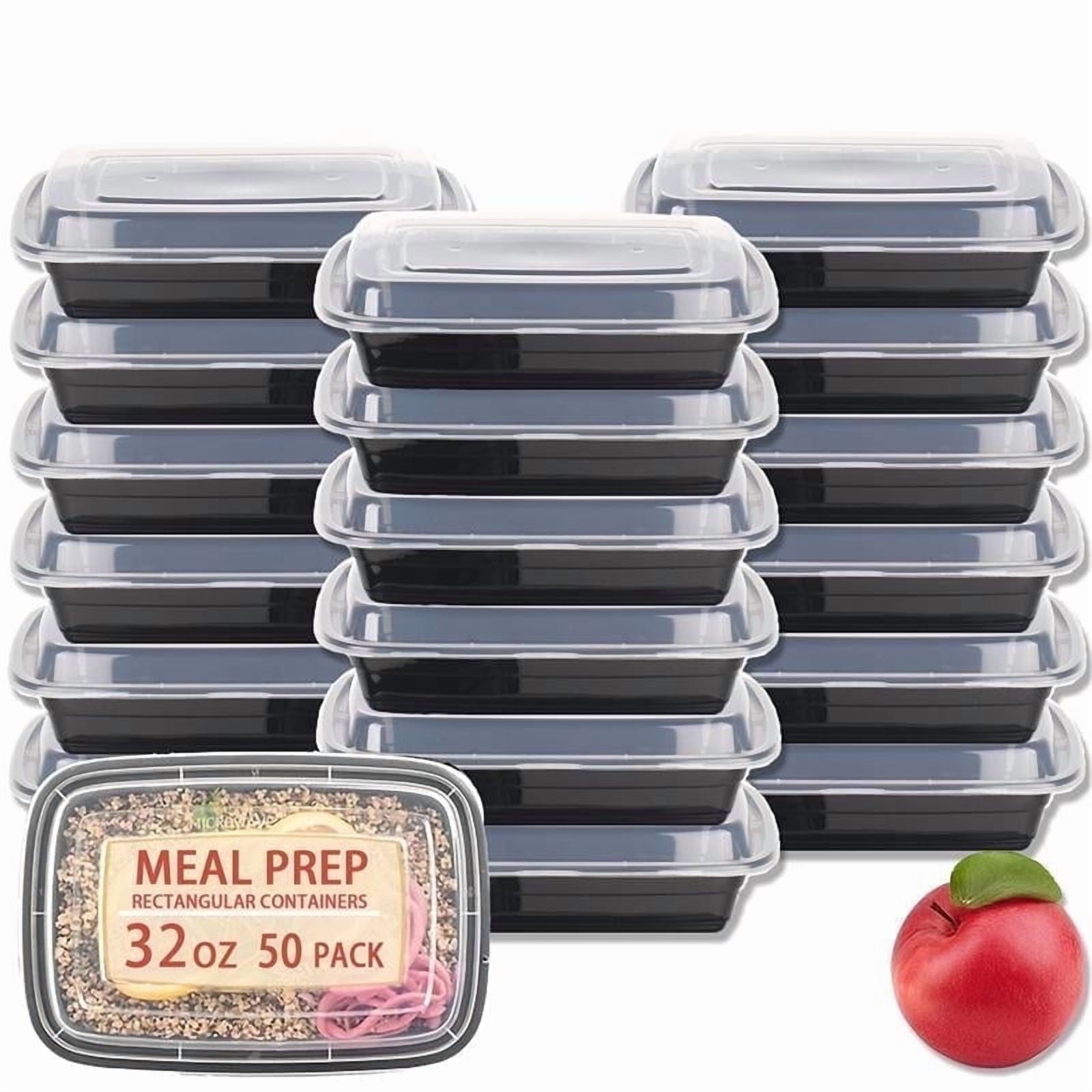 Meal Prep Containers Black, 50 Packs Plastic Food Storage Containers with Lids, 32oz Bento Box Reusable, To Go Containers Disposable, BPA Free